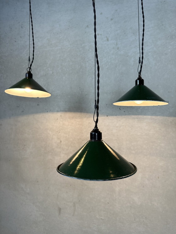 Image 1 of 3X Industriële Hanglamp - Groene Emaille