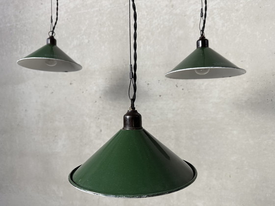 Image 1 of 3X Industriële Hanglamp - Groene Emaille