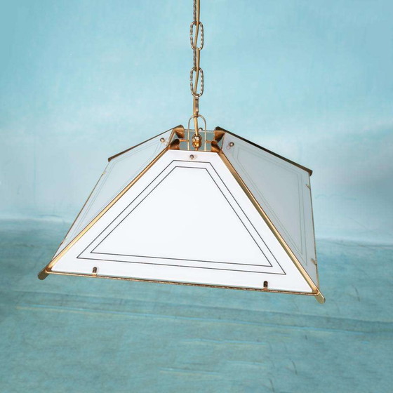 Image 1 of Vintage glazen hanglamp chic, brass&glass regency pendant