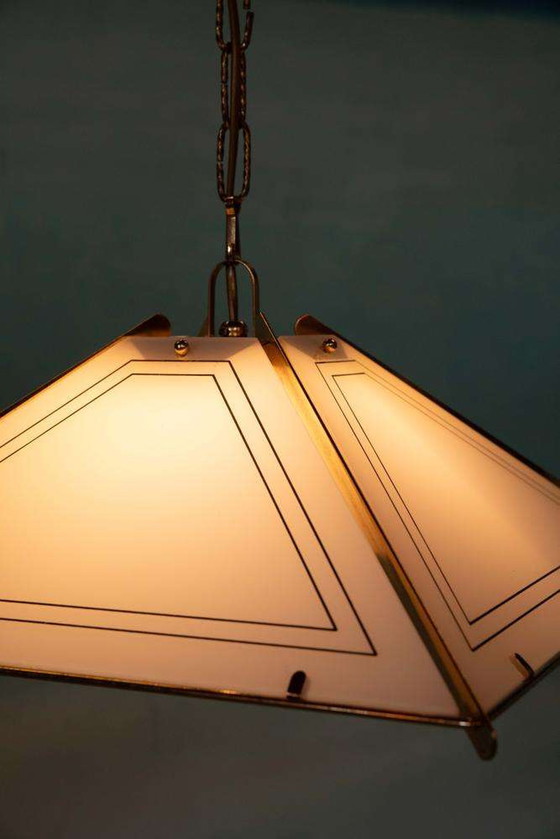 Image 1 of Vintage glazen hanglamp chic, brass&glass regency pendant