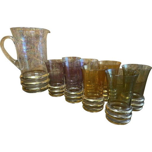 Set van kruik en 8 vintage gouden glazen