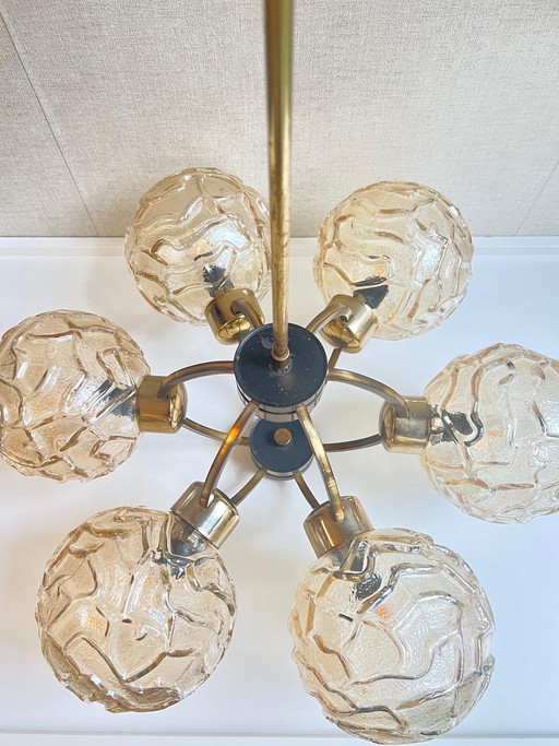 Hanglamp “Sputnik” Messing Armatuur Met 6 Amberkleurige Glazen Bollen