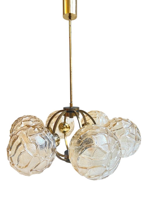 Hanglamp “Sputnik” Messing Armatuur Met 6 Amberkleurige Glazen Bollen