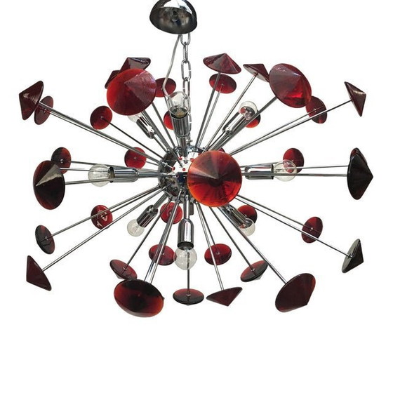 Image 1 of Italiaanse handgemaakte Murano kroonluchter met rood spoetnikglas