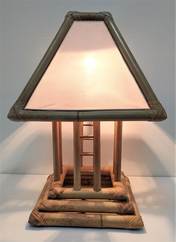 Image 1 of Vintage Bamboe Canvas Pagoda Lamp