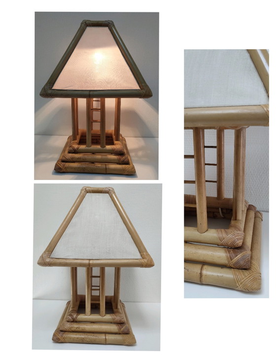 Image 1 of Vintage Bamboe Canvas Pagoda Lamp