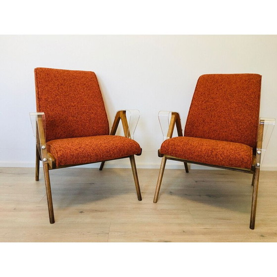 Image 1 of Paar vintage oranje fauteuils met kunststof armen van Tatra Nabytok, 1960