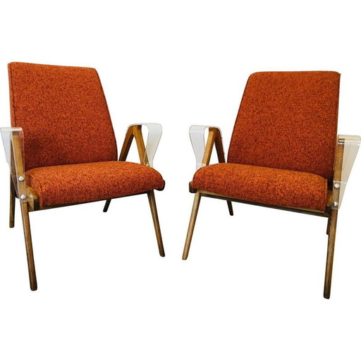 Paar vintage oranje fauteuils met kunststof armen van Tatra Nabytok, 1960