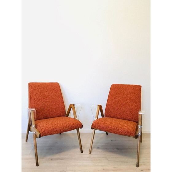 Image 1 of Paar vintage oranje fauteuils met kunststof armen van Tatra Nabytok, 1960