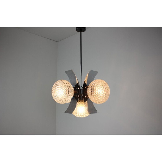 Image 1 of Vintage kroonluchter van metaal en melkglas, Tsjecho-Slowakije 1965