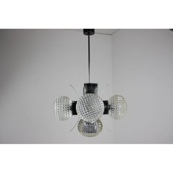 Image 1 of Vintage kroonluchter van metaal en melkglas, Tsjecho-Slowakije 1965