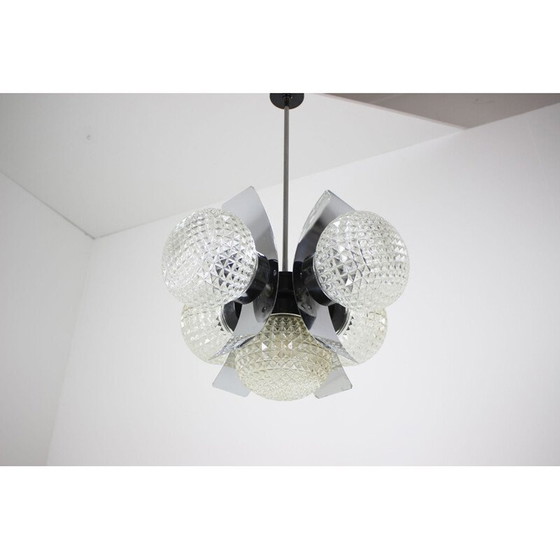 Image 1 of Vintage kroonluchter van metaal en melkglas, Tsjecho-Slowakije 1965