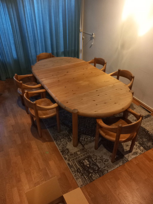 Reiner Doumiller Voor Hirthals Sowmill. Dennenhouten Uitschuifbare Tafel Met 6 Stoelen. Inc.Zeldzaam Onderstel Voor 2 Losse Tafe