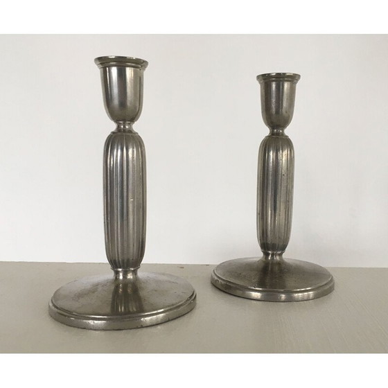 Image 1 of Paar vintage Art Deco tinnen kandelaars van Just Andersen
