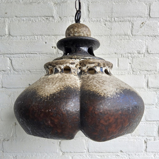 Image 1 of Vintage Keramieken Hanglamp (Duits) Brutalistische Lamp Bruin Mid Century Hanglamp 
