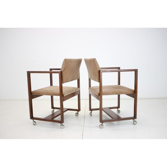Image 1 of Paar vintage fauteuils in beukenhout en stof op wielen, Tsjecho-Slowakije 1980