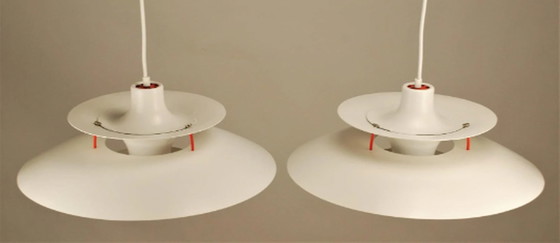 Image 1 of Set Van 2 Vintage Louis Poulsen Hanglamp | Off White Met Orange