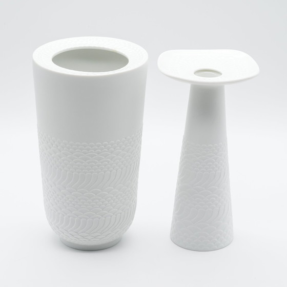 Image 1 of Zeldzame Manfred Frey Ak Kaiser Bisque porselein Natuur Reliëf Op Art Vaas Duo Mcm