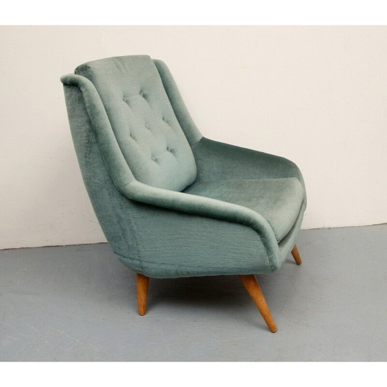 Image 1 of Vintage clubfauteuil in blauw fluweel, jaren 1950