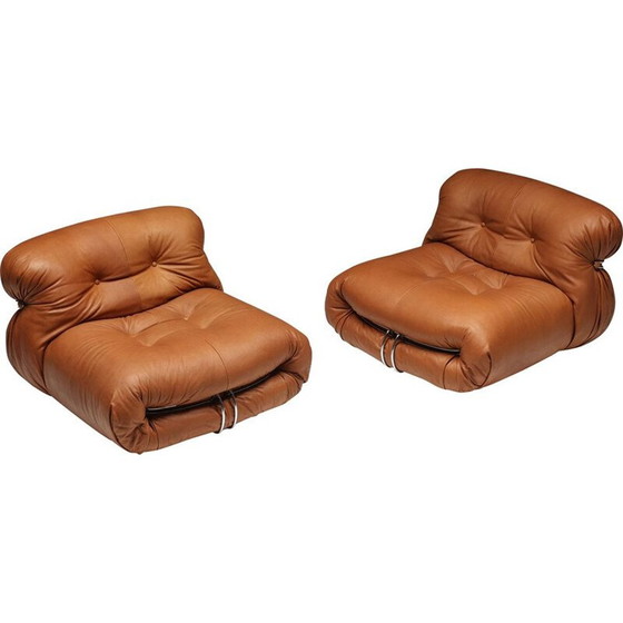 Image 1 of Paar vintage soriana leren fauteuils van Afra en Tobia Scarpa voor Cassina, Italië 1970
