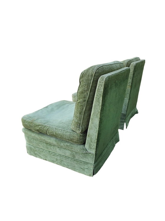 Image 1 of Paar watergroene stoffen fauteuils