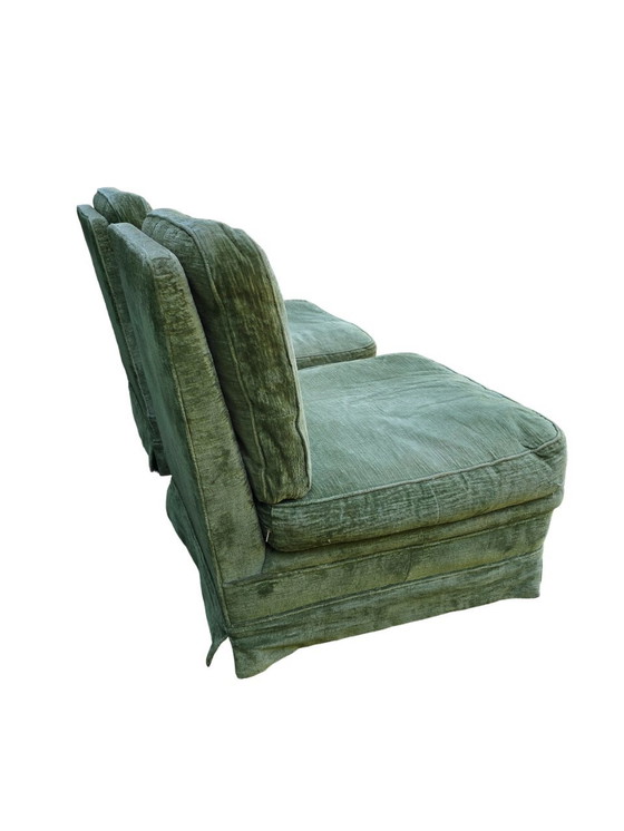 Image 1 of Paar watergroene stoffen fauteuils