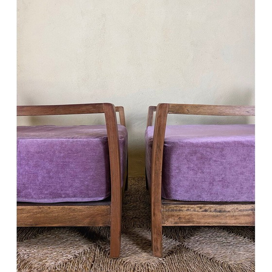 Image 1 of Paar vintage rotan fauteuils met fluwelen kussens, 1950