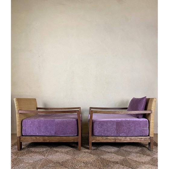 Image 1 of Paar vintage rotan fauteuils met fluwelen kussens, 1950