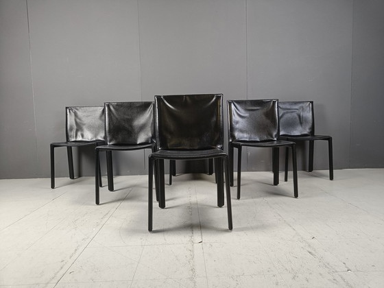 Image 1 of Vintage Pasqualine Leren Eetkamerstoelen Door Enrico Pellizzoni, 1980S - Set Van 6