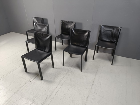 Image 1 of Vintage Pasqualine Leren Eetkamerstoelen Door Enrico Pellizzoni, 1980S - Set Van 6