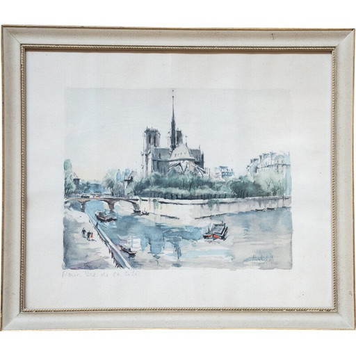 Vintage litho "Ile de la cite" in hout en glas, 1980