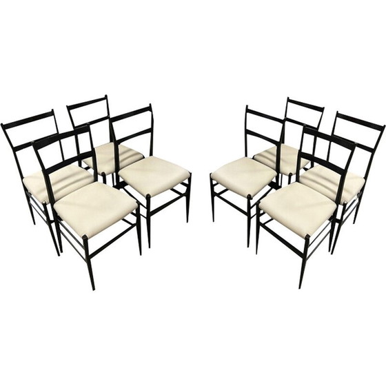 Image 1 of Set van 8 vintage Leggera stoelen in essen en leer van Gio Ponti voor Cassina, 1955