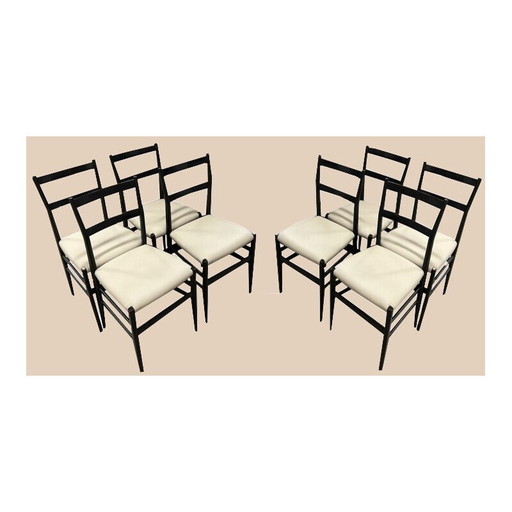 Set van 8 vintage Leggera stoelen in essen en leer van Gio Ponti voor Cassina, 1955