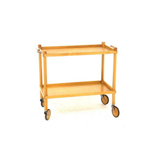 Vintage berkenhouten serveertafel op wielen, Zweden 1950