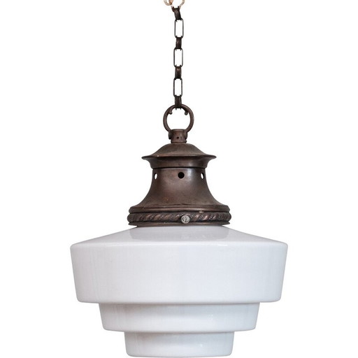 Vintage hanglamp in messing en opaline glas, Frankrijk 1950