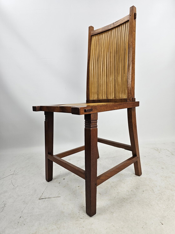 Image 1 of 5 Japandi houten stoelen met bamboe zitting