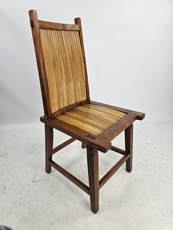 Image 1 of 5 Japandi houten stoelen met bamboe zitting