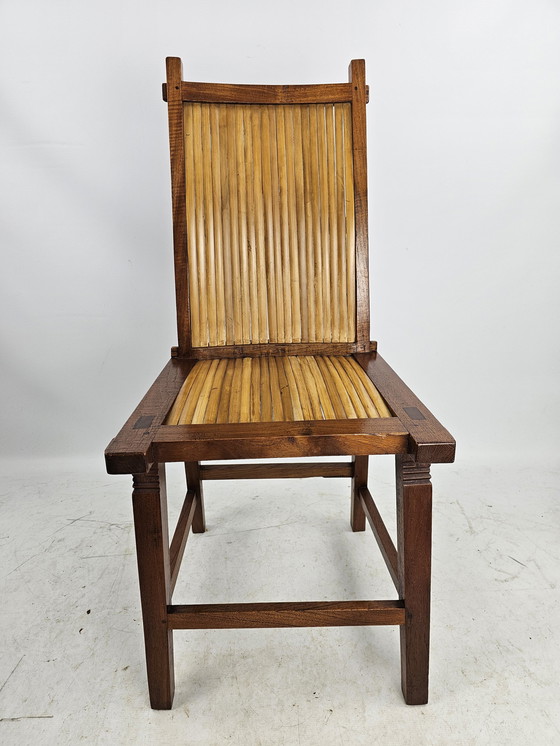 Image 1 of 5 Japandi houten stoelen met bamboe zitting