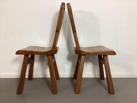 Image 1 of Set Van 4 Brutalistische Eiken Stoelen Belgisch Seventies 