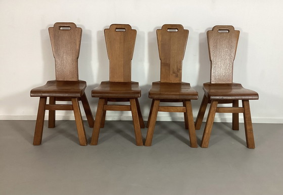 Image 1 of Set Van 4 Brutalistische Eiken Stoelen Belgisch Seventies 