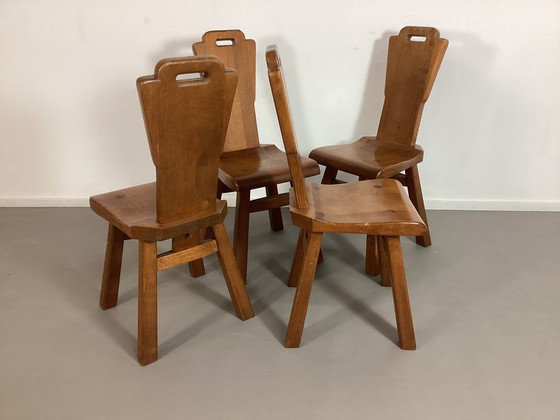 Image 1 of Set Van 4 Brutalistische Eiken Stoelen Belgisch Seventies 