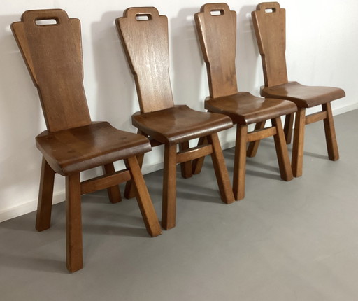 Set Van 4 Brutalistische Eiken Stoelen Belgisch Seventies 