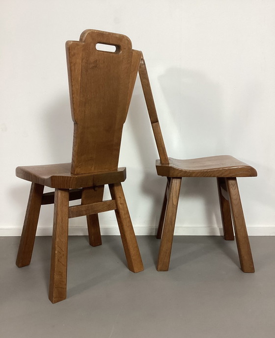 Image 1 of Set Van 4 Brutalistische Eiken Stoelen Belgisch Seventies 