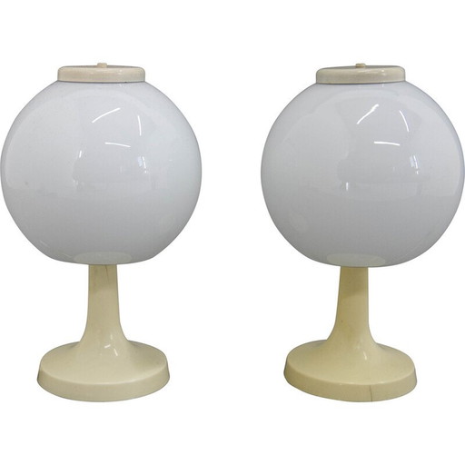 Paar vintage melkglas en plastic tafellampen, Tsjechoslowakije 1970