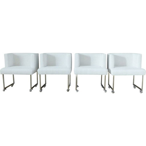 Set van 4 vintage witte fauteuils op wieltjes, 1960