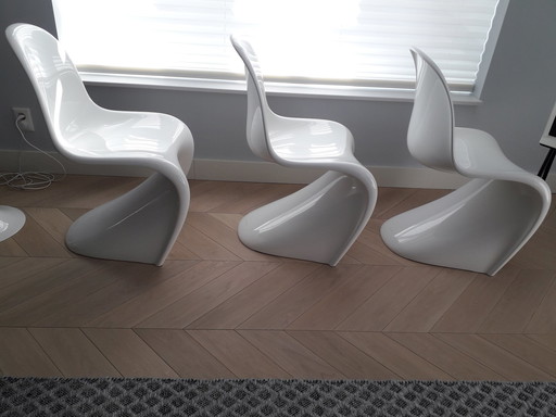 3X Witte Hoogglans Originele Verner Panton (Vitra) Eetkamerstoelen