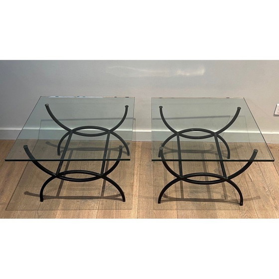 Image 1 of Paar vintage bijzettafeltjes van zwart gelakt metaal en glas, Frankrijk 1950