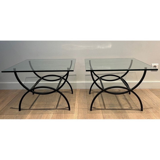 Image 1 of Paar vintage bijzettafeltjes van zwart gelakt metaal en glas, Frankrijk 1950