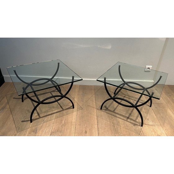 Image 1 of Paar vintage bijzettafeltjes van zwart gelakt metaal en glas, Frankrijk 1950