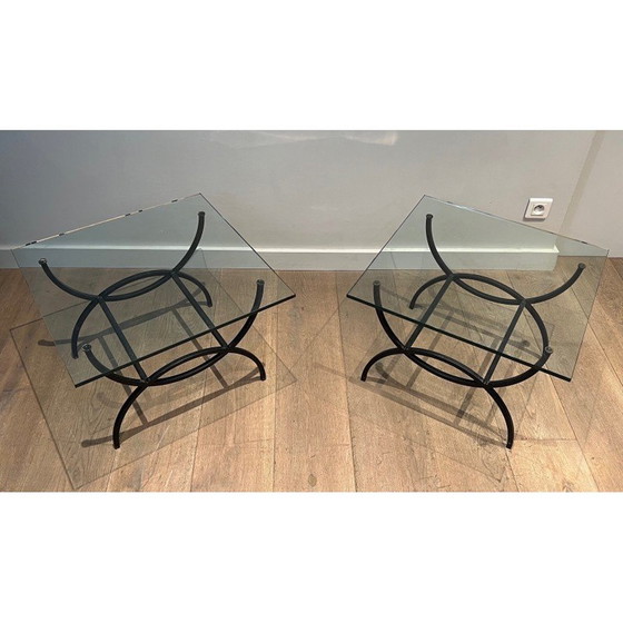 Image 1 of Paar vintage bijzettafeltjes van zwart gelakt metaal en glas, Frankrijk 1950